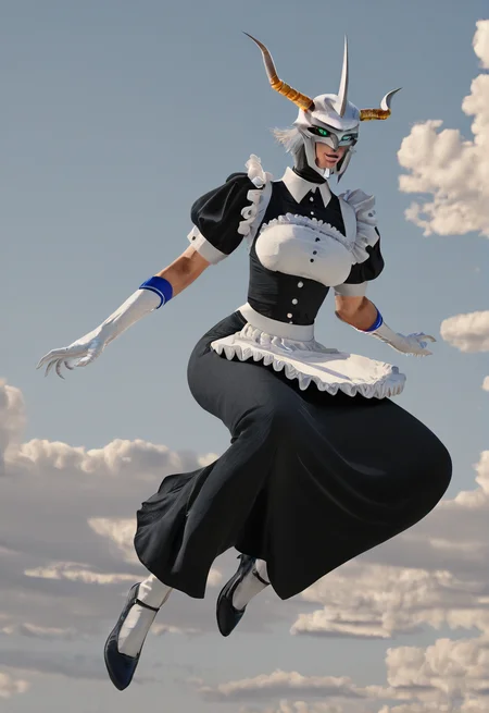 sfw, masterpiece, best quality,absurderes,1girl,solo,omegamon maid,helmet,maid dress,green eyes,crazy eyes,horns,three_horns, full body,flying,outdoors,sky,clouds,source_photo,realistic,photo,cinematic, <lora:Reallustrious_Beta:0.8>