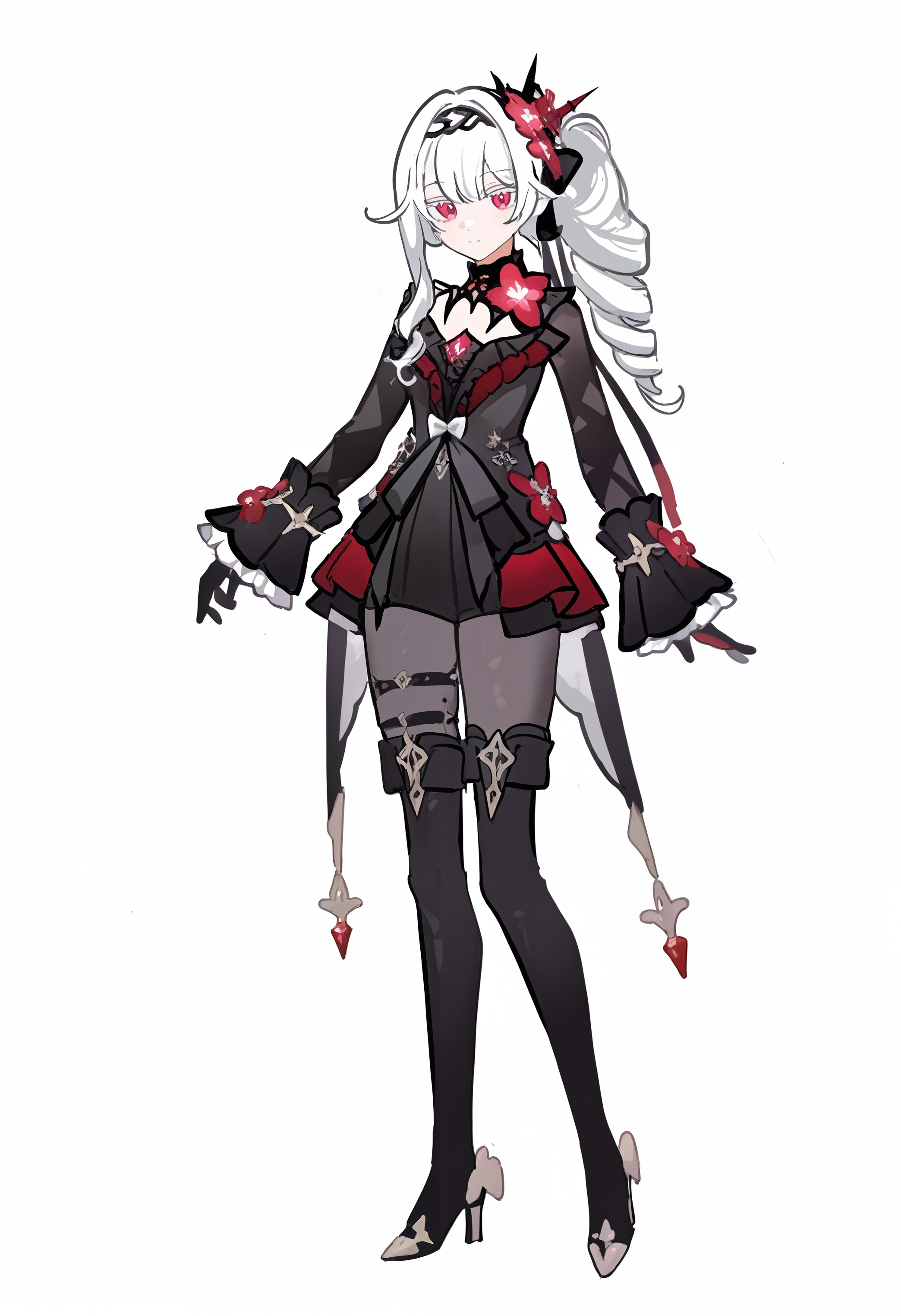c3styl333, year 2024, masterpiece, best quality, newest, absurdres, highres, full body, white background, 1girl, hair ornament, dress, long hair, white hair, red eyes, looking at viewer, black gloves, hairband, frills, red flower, black dress, bow, long sleeves, sleeves past wrists, black footwear, boots, pantyhose, high heels, black theme, thigh boots, thigh strap, ponytail, uneven sidelocks, curly hair, half-closed eyes, colored eyelashes, smile