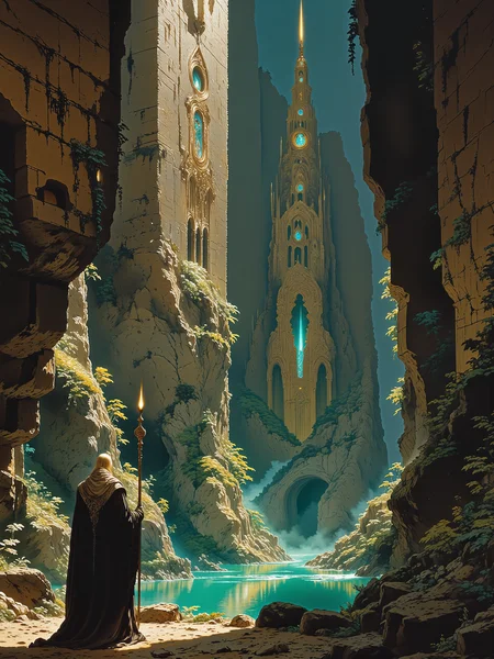 epic high fantasy scene, inspired by classic landscape artists with elements of romanticism, oil on canvas, low angle view emphasizing the dramatic scale, and a sense of awe in the presence of natureâs grandeur, dappled sunlight, a secluded valley in a mystical world, framed by steep, towering cliffs covered in lush, ancient flora, leading the eye toward a distant, grand spire that rises majestically on the horizon, in the foreground, a lone figure dressed in flowing, dark robes stands by a reflective pool, gazing toward the distant spire, the valley floor is scattered with moss-covered rocks and shallow pools that mirror the soft, filtered light from above, bioluminescent plants in shades of teal to cyan line the cliff edges, casting subtle blue glows that blend harmoniously with the warm, natural tones of the landscape, the distant spire is partly veiled in mist, evoking a mysterious, ancient quality, the figure, small against the monumental landscape, embodies the romantic spirit of manâs smallness before nature, standing in quiet reverence, as if on a pilgrimage through a forgotten world, the figure wears a dark, flowing cloak with a hood and holds a long ornate staff with a large gleaming sapphire, adding an air of mystery, her stance is still and purposeful, suggesting a moment of introspection or awe as she takes in the sublime view before her, the format is a medium-long shot with a low angle view to enhance the towering cliffs and spire, creating a dramatic perspective that emphasizes the sheer scale of the landscape, with the viewer looking slightly upward, adding to the impression of vastness and grandeur, a soft, golden light suffuses the scene, reminiscent of early morning, casting gentle highlights across the foliage and creating a warm glow on the figure and rocks, the faint blue of the bioluminescent flora contrasts with the warm tones, adding a mystical quality to the scene, delicate mist drifts between the cliffs, enhancing the ethereal, dreamlike atmosphere, traditional oil on canvas, with rich, layered brushstrokes capturing the textures of the cliffs, foliage, and soft reflections on the water, subtle transitions between light and shadow evoke a sense of depth and mystery, high attention to detail in the plants and figure, while the distant elements are painted with a softer focus to draw attention toward the foreground, amanoer, style of carl spitzweg, <lora:style-carl_spitzweg-flux-by_tangbohu:0.52> <lora:style-yoshitaka_amano-elden_ring-flux-by_alicient:0.72> <lora:style-fantastic_landscapes-flux-by_artifyai:0.44> <lora:epic_gorgeous_details-balance-flux-by_flyway:0.92>
