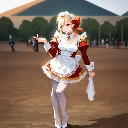 score_9, score_8_up, score_7_up, best quality, masterpiece, source_anime,  BREAK
1girl, , blonde hair, maid, maid headdress, apron, dress, pantyhose, long sleeves, epaulettes, puffy sleeves, d dress, frills, arm support, ribbon, high heels, parted lips, indoor
 <lora:Neromaid:1> <lora:Anime Style 2 SDXL_LoRA_Pony Diffusion V6 XL:1>