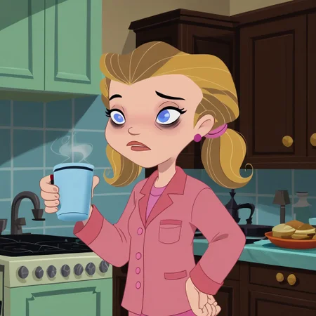 score_9, score_8_up, score_7_up, 1girl, solo,
pale-skin, light blue eyes, medium-length blonde hair, pigtails with pink hair ties, pink pajamas, 
 perfect hands, show accurate, perfect anatomy, med body,
indoors, small perky breasts, kitchen, hand on hip, loose clothing, holding a cup of coffee in hand, sleepy eyes, bags under eyes, loose clothes,