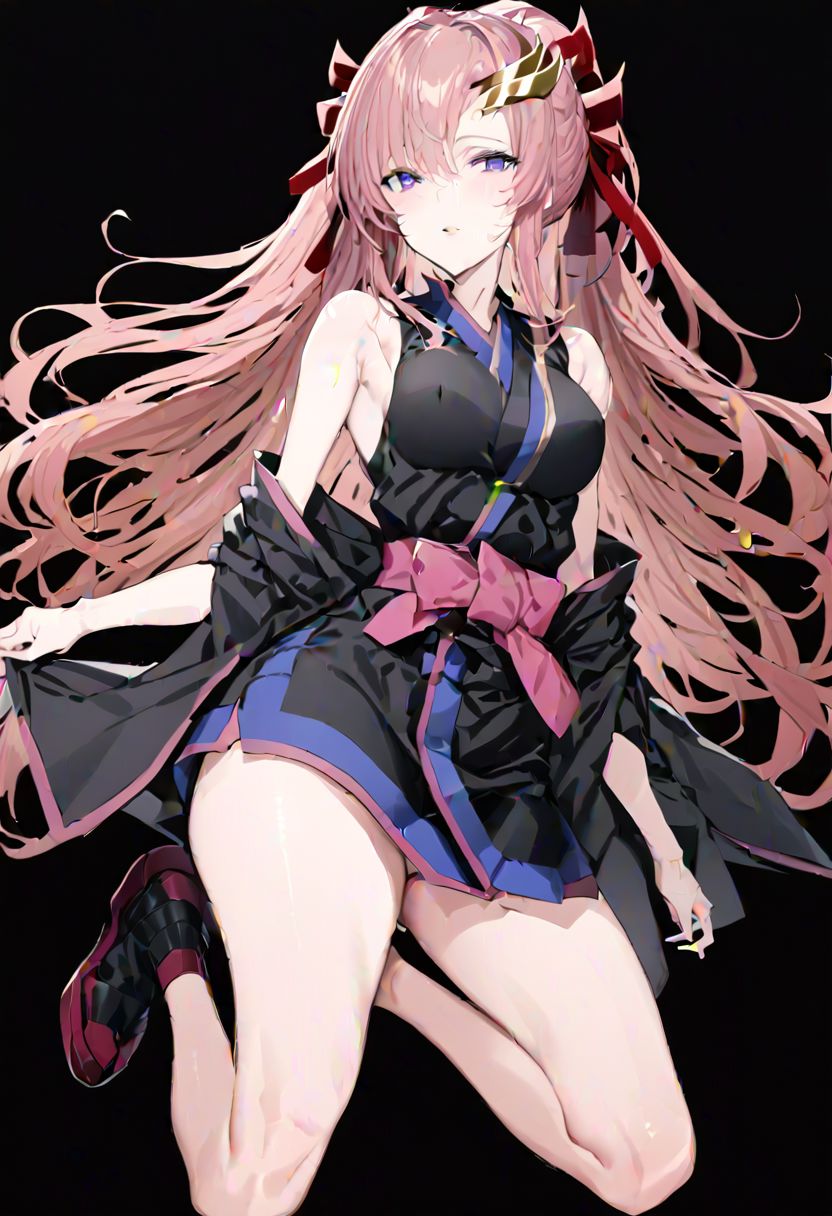 masterpiece, best quality, ultra-detailed, beautiful, nai3, 1girl, solo, full_body, tachi-e, 
lacus clyne, grey eyes, pink hair, long hair, bangs, hair ornament, japanese clothes, black sleeveless kimono, bare shoulders, red hair ribbon