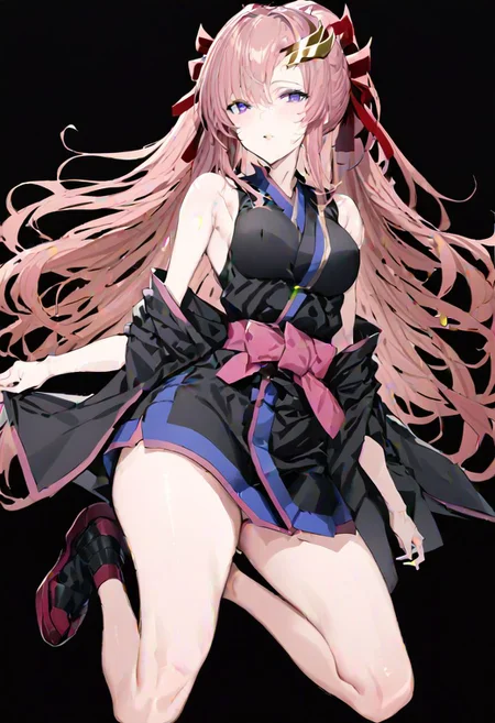 masterpiece, best quality, ultra-detailed, beautiful, nai3, 1girl, solo, full_body, tachi-e,
lacus clyne, grey eyes, pink hair, long hair, bangs, hair ornament, japanese clothes, black sleeveless kimono, bare shoulders, red hair ribbon
