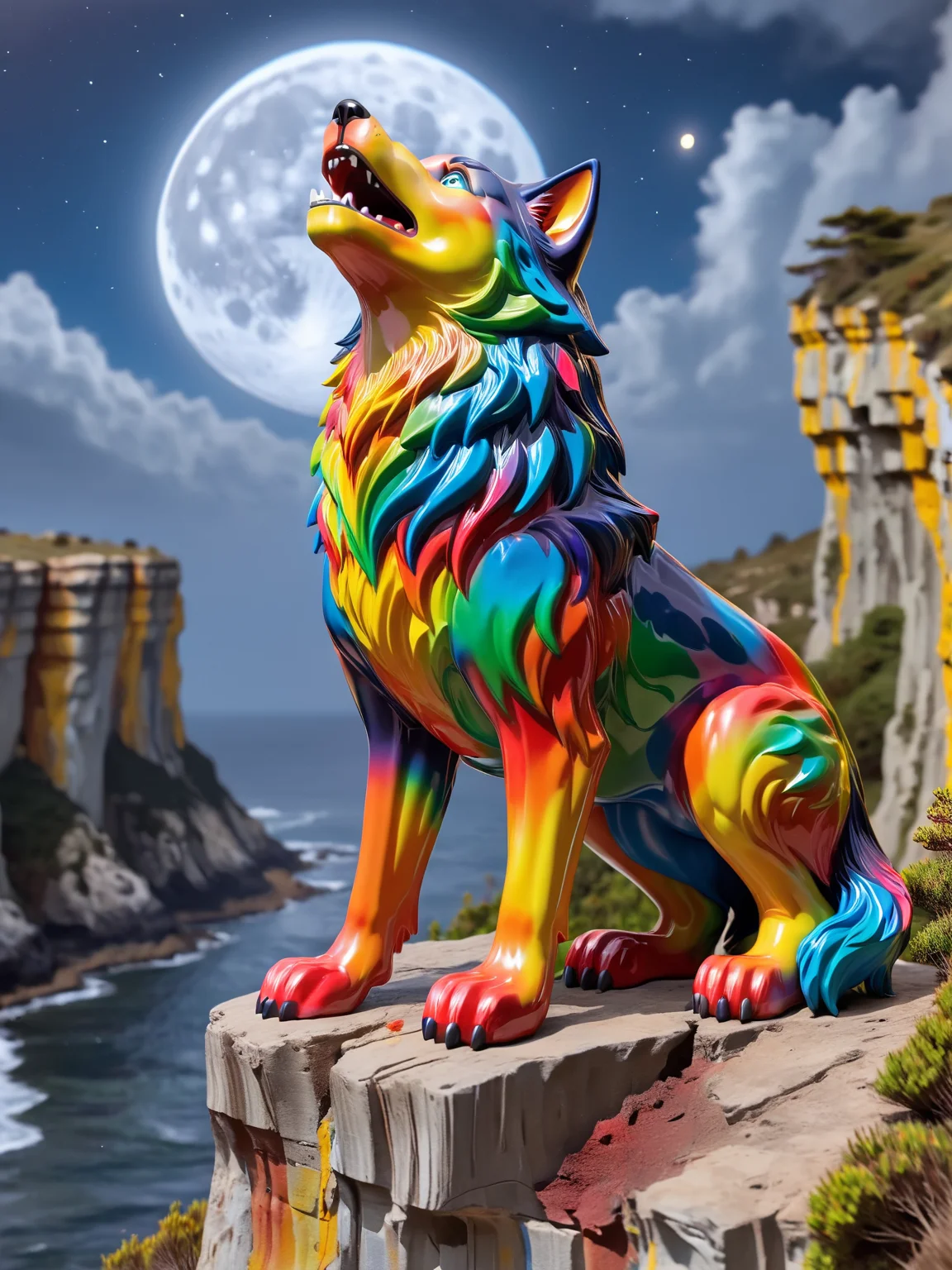 ais-colorfulplastic wolf on the cliff edge howling at the moon <lora:Colorful_Plastic_SDXL:1>