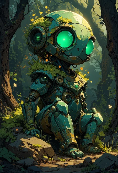 masterpiece, high-quality, hyperdetailed, refined details, best quality, high resolution, A gemstone golem slowly blooming into life, moss and flowers sprouting from cracks in its crystalline body as it awakens, its eyes, initially dull stones, begin to glow with an inner emerald light, dawn light filters through a forest, illuminating the golems nascent awakening, wide shot capturing the golems full form and the blooming flora, Style is Biomorphic Gemstone Animation, focus on contrasting textures of crystal and organic, gentle and wondrous, sense of slow awakening and natural magic, <lora:FLUX\Anime v1.3:0.5> <lora:FLUX\Emberveil digital painting:0.8> <lora:FLUX\Anime Art V3:0.6>