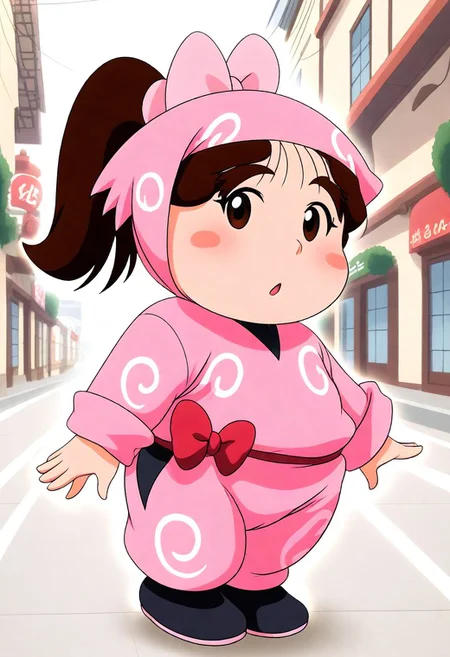 <lora:Hyper-SDXL-8steps-lora:1><lora:Fixhands_anime_bdsqlsz_V1:1>zPDXL2, score_9, score_8_up, score_7_up, source_anime, intricate details, perfect anatomy BREAK
1girl, solo, chibi, ookawashige, plump, pink hood, pink ribbon, brown hair, ponytail, thick eyebrows, black eyes, blush stickers, pink ninja, ookawashige outfit, black shoes, 
from side, on side, Pensive, Eyes focused inward, brow furrowed, and lips pursed.,
outdoors, city, tokyo, japan,
<lora:ookawashige_XL(pony)v11:1>