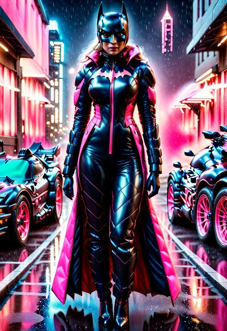 mature female Batman next to pink Batmobile, cinematic, photo, anatomic correct bodies, extremely realistic, lots of detail, full body, hdr, cinematography, raining, epic, night, SilverPulse, fully dressed, p1nk1r1sc4l3s, made out of iridescent scales, 29 years old, Instagram_Influencer_187_By_Stable_Yogi. <lora:coralbugXL:1.6> , coralbugXL, closed suit, high neck closure, fully dressed, long dress, puffer_downsuit.