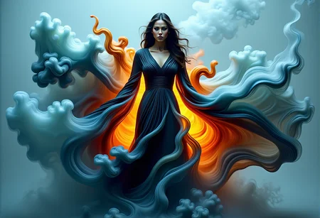 bv-smowormor. A human figure fully emerging from swirling smoke. Background is completely white . Clothing and body are formed from dark mist . Facial expression is intense, with focused gaze . Hairstyle is long, flowing hair turning into mist . Figure positioned in a dark, moody scene with liquid-like smoke. Pose is standing still, eyes gazing directly at viewer, lower body entirely translucent smoke . Clothing details are ethereal wrappings glowing faintly, with glowing embers swirling around. Scene elements include colored smoke moving like waves. Style is impressionistic, abstract smoke movements. Lighting is soft and diffused, with shadows dancing across mist . Background gradient from deep blue to teal . Smoke colors vibrant hues of orange and teal . Additional details faint silhouettes barely visible through smoke . Words "Smoke World Morph" formed from vibrant colored smoke twisted into letter shapes, appearing curling around figure like an inscription. , <lora:bv-smoke-world-morph-1-0.safetensors:1.0:1.0>