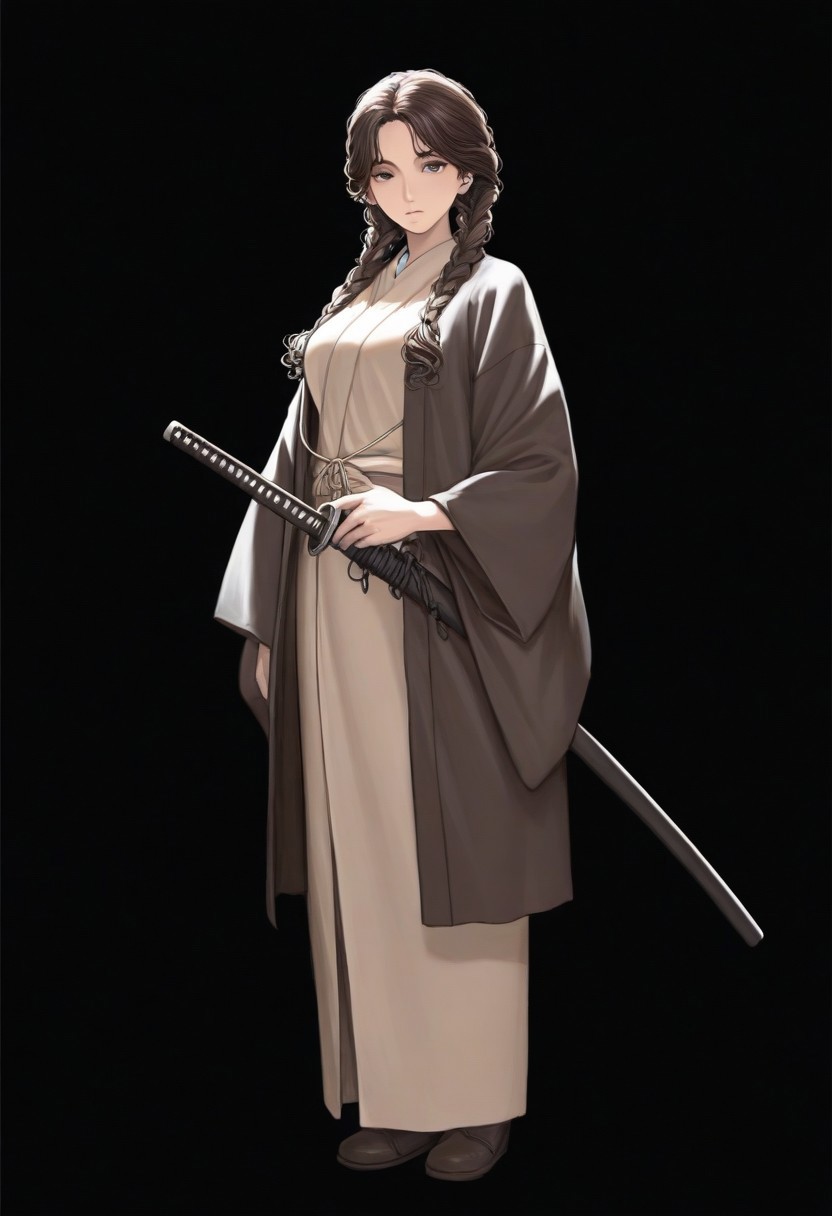 anime, 1girl, human, medium breasts, shoulder-length hair, curly hair, dark brown hair, twin braids, masterpiece, soft face, grayish eyes, detailed eyes, standing, looking at viewer, light cream brown kimono, haori dark brown, red black, full shot, 1 sheathed katana, black background,