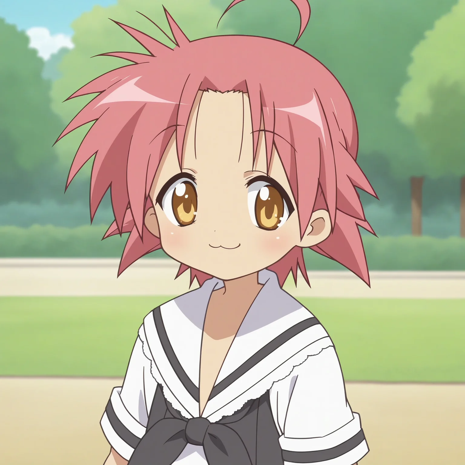 score_9, score_8_up, score_7_up, score_6_up, score_5_up, score_4_up , anime coloring ,BREAK source_anime, anime,screencap,
1girl, solo, lsakira, black skirt, school uniform, short sleeves, <lora:PonyXL LS Akira V1:1>
outdoors, park, upper body
smile, cheerful, looking at viewer,
