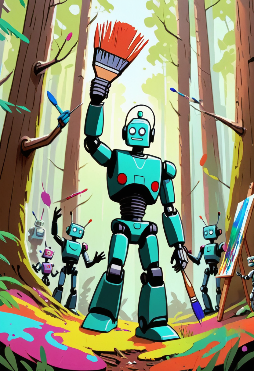A BillMatheson man joyfully waves a paintbrush filled with vibrant paint surrounded by a group of animated robotic figures in a forest setting. <lora:Everly_Heights_Comics:1>