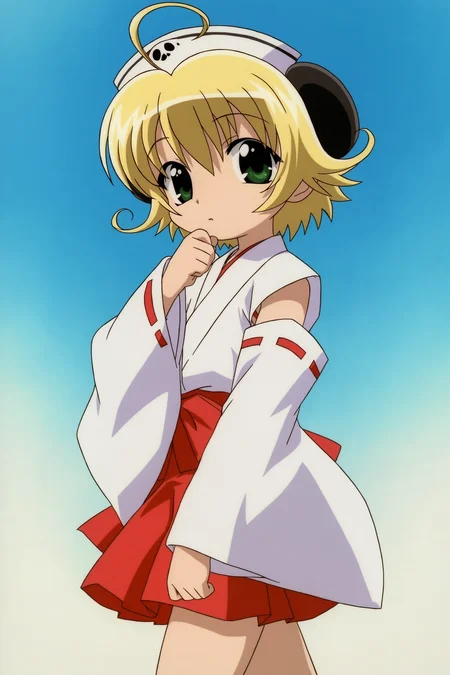 digicharatspecial, piyoko, 1girl, solo, short hair, blonde hair, hat, animal ears, green eyes, ahoge, maid, maid headdress, panda ears, looking at viewer, (nontraditional miko, japanese clothes, hakama short skirt, miko), walking, simple background, blue sky background, detached sleeves,
(masterpiece, best quality, absurdres, highres), very awa,