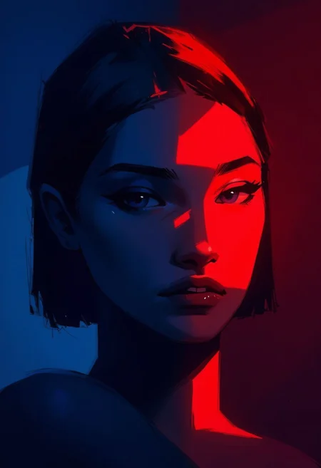 This is a digital art piece, likely created using advanced illustration techniques, featuring a stylized, high-definition painting of a woman's face. The image is bathed in a dramatic, moody lighting that splits the scene into two distinct color schemes: a cool blue light on the left side and a warm red light on the right.