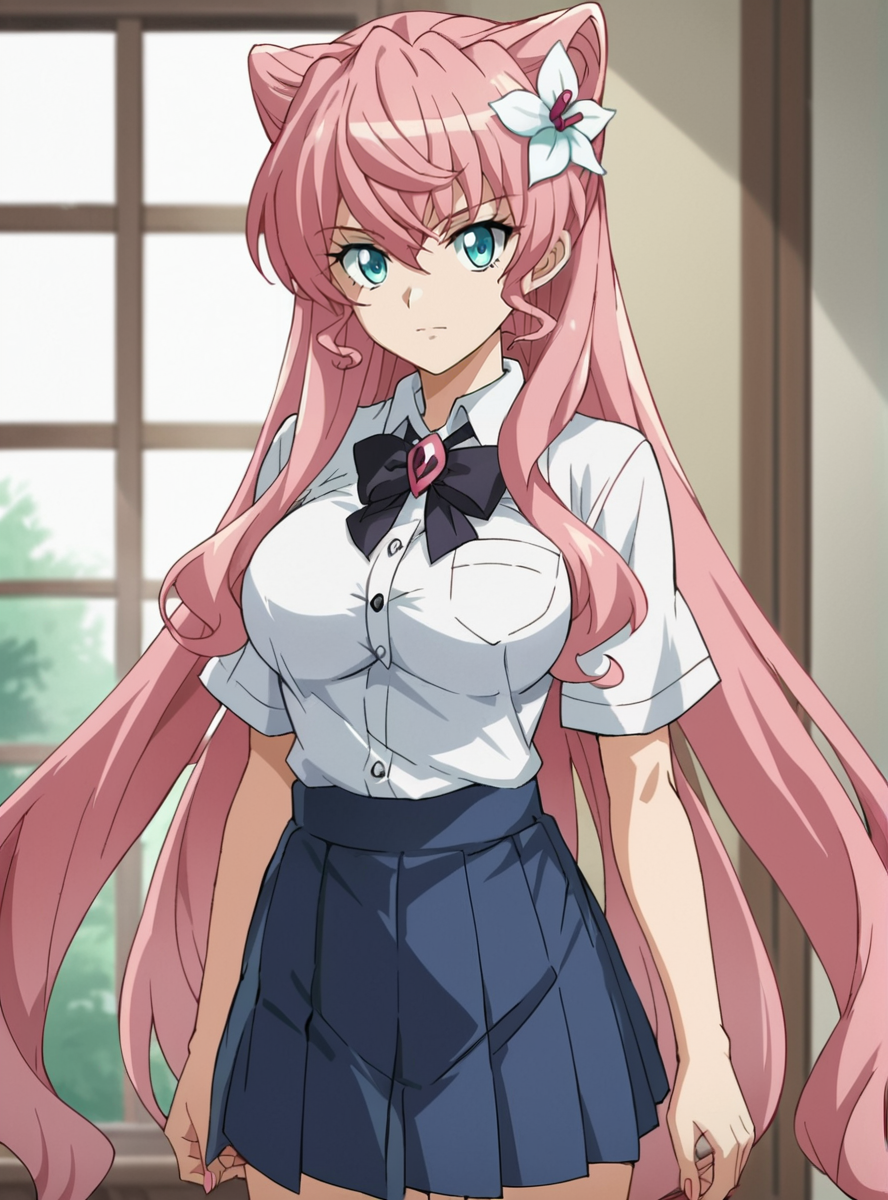 ,   score_9, score_8_up, score_7_up, score_6_up, score_5_up, score_4_up, BREAK source_anime, masterpiece  ,anime screencap,<lora:MariaGear:0.7>mariagear, long hair, pink hair, maria cadenzavna eve, breasts, blue eyes,  very long hair,  anime coloring ,  focus, thick arms,, indoors,hair flower, red_shirt  pleated skirt,looking at viewer, large breast