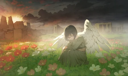 masterpiece, best quality,
1girl,
solo, Angel, cry, pain, Tears, Post-war ruins, green grassland, rising sun, Dark Cloud, Palestine, flower, real life insert, short hair, portrait \(object\), glasses, plant, flower bed, black hair
<lora:potgXLlokr4f-000143:0.6> <lora:åºæ°´XLlokr8f-000186:0.6>