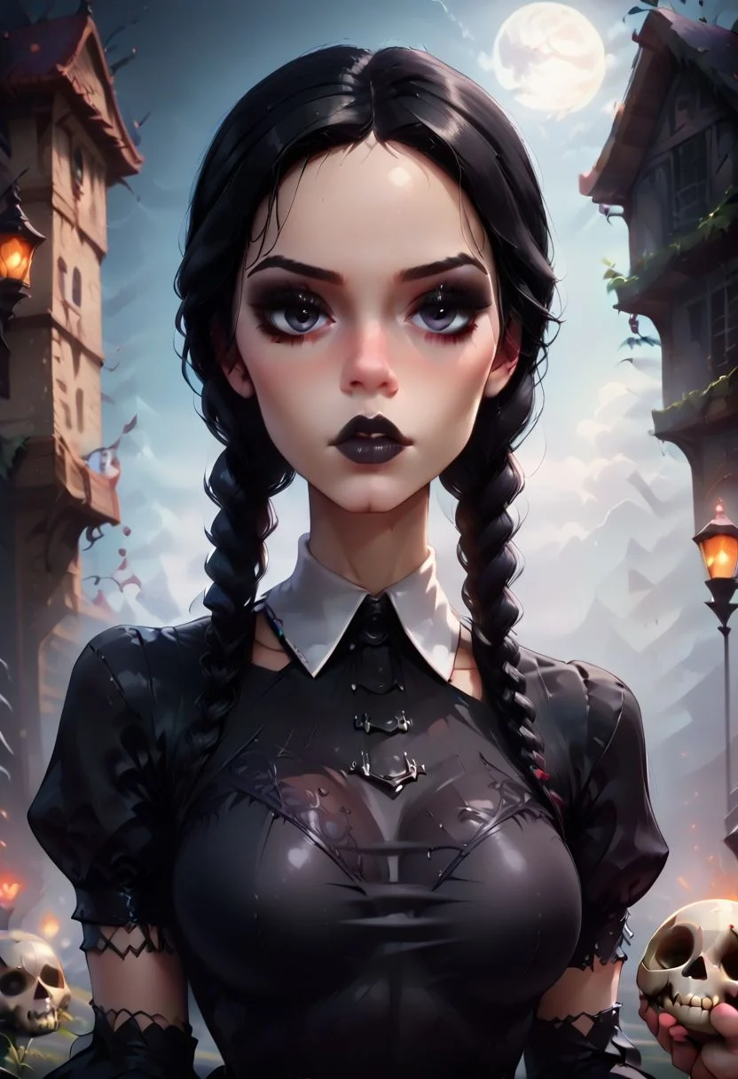 score_9, score_8_up, score_8, score_7_up, score_7, rate_safe,
(best quality:1.1), (masterpiece:1.2), (realistic:1.2), (detailed:1.1), (highres, best quality:1.2),
1girl, Wednesday (Wednesday addams(/The addams family)/,(ultra HD quality details), hair in two ponytails, black hair, raven black eyes, beautiful face, pale skin,
beautiful face,
gothic, black lips, emo, black nails,
collared dress, black long dress, covered shoulders, covered chest, covered neck, puffy sleeves, long sleeves, white collar, white cuffs,
Slim girl, large breasts, skinny, tiny, petite, small arms, (20 years old)),
background (dungeon), Dark atmosphere, curious, holding skull,
pov, upper body, side view,