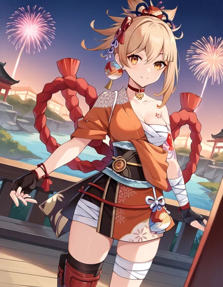 score_9, score_8_up, score_7_up, source_anime,
yoimiya, <lora:yoimiya-ponyxl-lora-nochekaiser:1>,
yoimiya, bangs, blonde hair, hair ornament, hair between eyes, ponytail, sidelocks, orange eyes, light brown hair, smile,
thighhighs, gloves, jewelry, japanese clothes, choker, fingerless gloves, kimono, bracelet, sash, tattoo, bandages, obi, rope, asymmetrical legwear, pouch, sarashi, bandaged arm, red choker, arm tattoo, shimenawa, bandaged leg, chest tattoo, hadanugi dousa, orange kimono, single fingerless glove,
outdoors, shrine, fireworks, festival,
looking at viewer, dutch angle, cowboy shot,