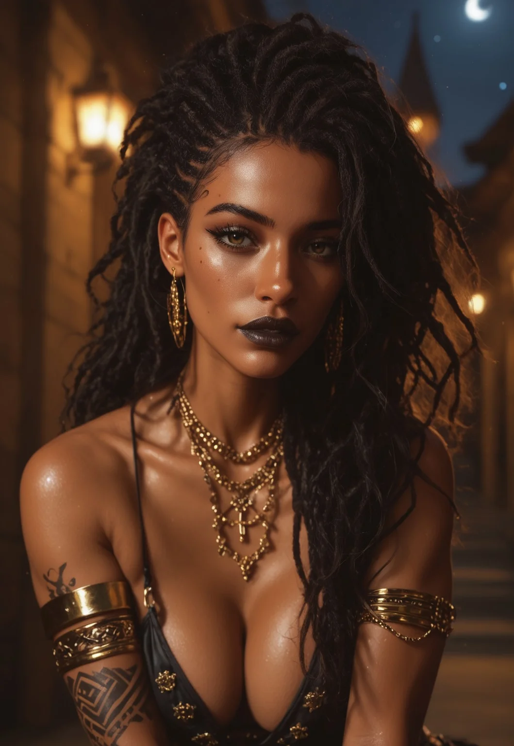 score_9, score_8_up, score_8, score_7_up, score_7, slender woman, dark black skin, gold face tattoos, dreadlocks, runes, evil sorceress outfit, gold inlay, jewelry, thin figure, black nail polish, claws, dark lipstick, vox machine style, 1girl, female focus, solo, fantasy, night background, (dynamic lighting:1.1)
((masterpiece))
HDR
