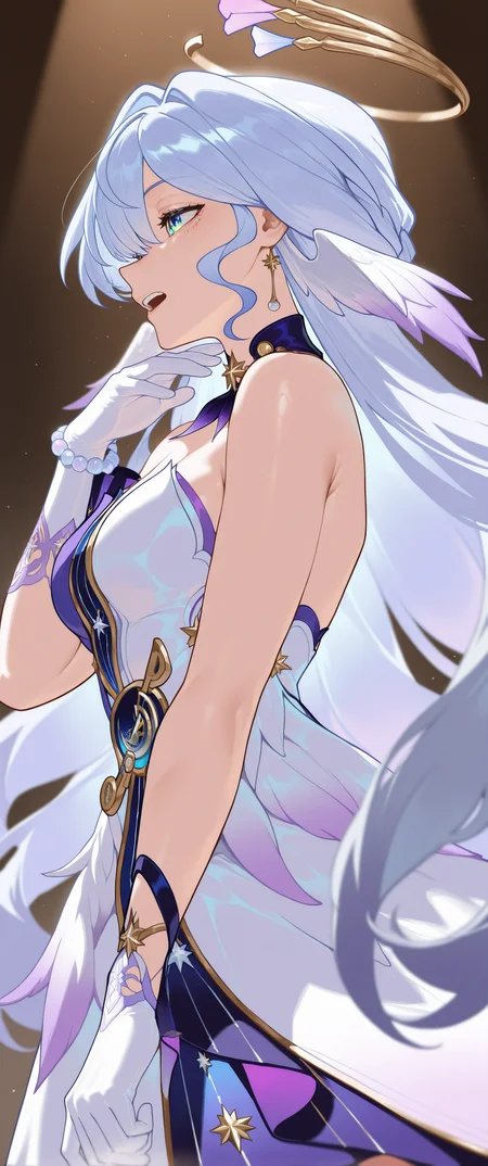 masterpiece,best quality,amazing quality,very aesthetic,absurdres,newest,robin (honkai: star rail),1girl,angel wings,aqua eyes,armpit crease,bare shoulders,bead bracelet,beads,blue hair,bracelet,breasts,collar,cowboy shot,dress,from side,gloves,grey background,(colorful),light particles,halo,hand up,head wings,jewelry,long hair,medium breasts,open hands,open mouth,purple collar,purple dress,purple sleeves,short sleeves,simple background,solo,strapless,strapless dress,teeth,two-tone dress,upper teeth only,very long hair,white dress,white gloves,wings,masterpiece,best quality,amazing quality,very aesthetic,absurdres,newest,scenery,volumetric lighting,<lora:NTR_Mix_4.0__Style:1>,