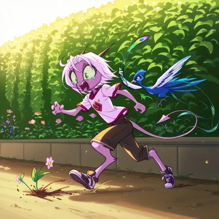 score_9, score_8_up, score_7_up,namah_calah,
1girl,solo,furry,tail, source_furry,horns,
,<lora:namah_calah_illustrious:0.8>,
child, kid,
Chasing a rooster Through a Garden, peacock, chasing, garden, shorts, shirt, sneakers, sunlight, flowers, feathers, panting, bushes, wild_run, bright_tones, sprinting after a rooster, shorts and sneakers tearing through a flower garden, its feathers trailing as she pants and lunges