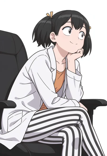 Smooth Quality,masterpiece,very intricate, high quality details, ultra realistic, high detailed skin,detailed enviorement,
simple background, white background,
front view,afterglow,sitting, legs crossed, hand on chin, smiling, relaxed, ,
<lora:Tadano_Hitomi_cnn:0.7> tadanohitomicnn, 1girl,black hair, short hair, twintails, black eyes, bangs, hair ribbon,
doctor coat, ,striped pants, ,