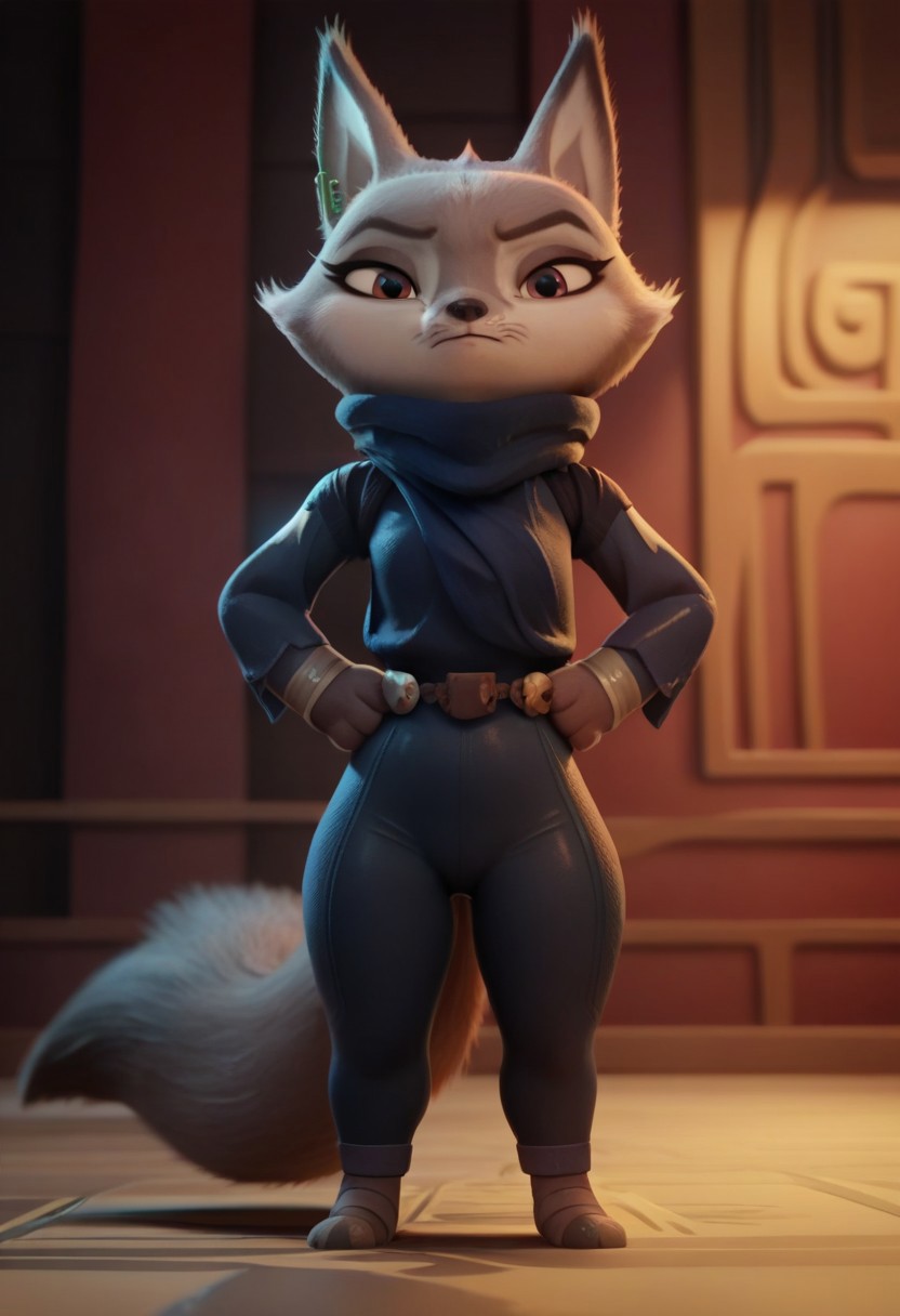 score_9, score_8_up, score_7_up, score_6_up, score_5_up, score_4_up, masterpiece, best quality, (zhenkfp), shortstack, tail, hands on hips, indoors, solo, tight thief suit, looking at viewer, arms crossed,
