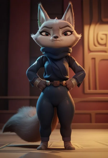 score_9, score_8_up, score_7_up, score_6_up, score_5_up, score_4_up, masterpiece, best quality, (zhenkfp), shortstack, tail, hands on hips, indoors, solo, tight thief suit, looking at viewer, arms crossed,