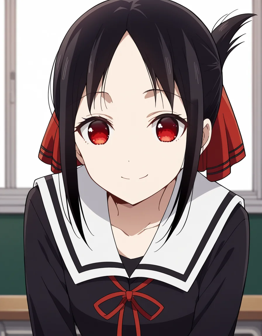 score_9, score_8_up, score_7_up, source_anime,
kaguyashinomiya, <lora:kaguya-shinomiya-s3-ponyxl-lora-nochekaiser:1>,
kaguya shinomiya, short hair, bangs, black hair, red eyes, hair ribbon, sidelocks, folded ponytail, parted bangs,
long sleeves, dress, ribbon, school uniform, collarbone, black dress, sailor collar, white sailor collar, red ribbon, neck ribbon, shuuchiin academy school uniform,
indoors, classroom, bent over, smile,
looking at viewer, cowboy shot, dutch angle, solo,