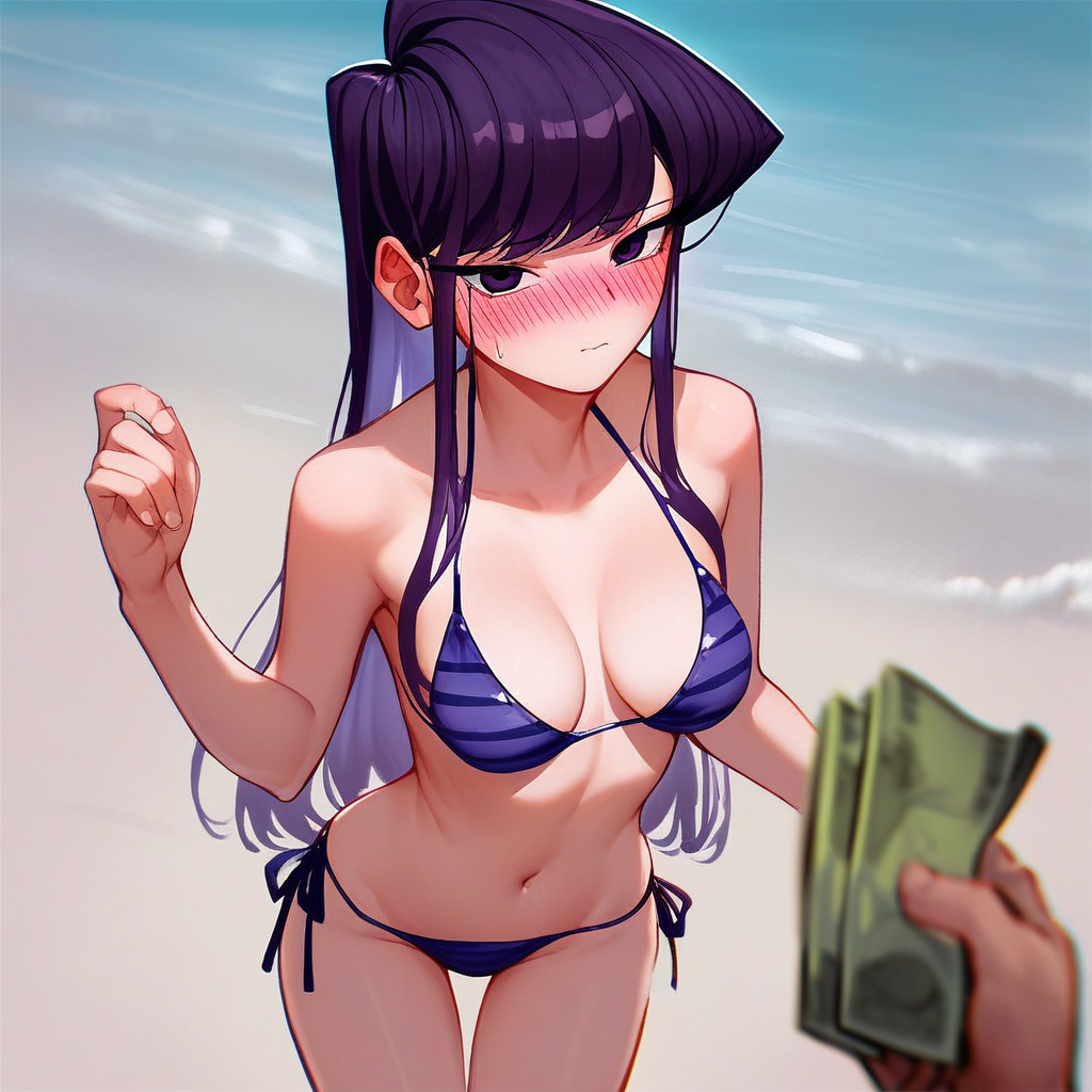 score_9, score_8_up, score_7_up, source_anime BREAK 1girl, Komi Shouko, POV, money, holding money, standing, bikini, thigh gap, blush, embarrassed, beach, long hair, purple hair, looking at viewer, purple eyes, navel, side-tie, medium breasts, perky breasts, rating_questionable