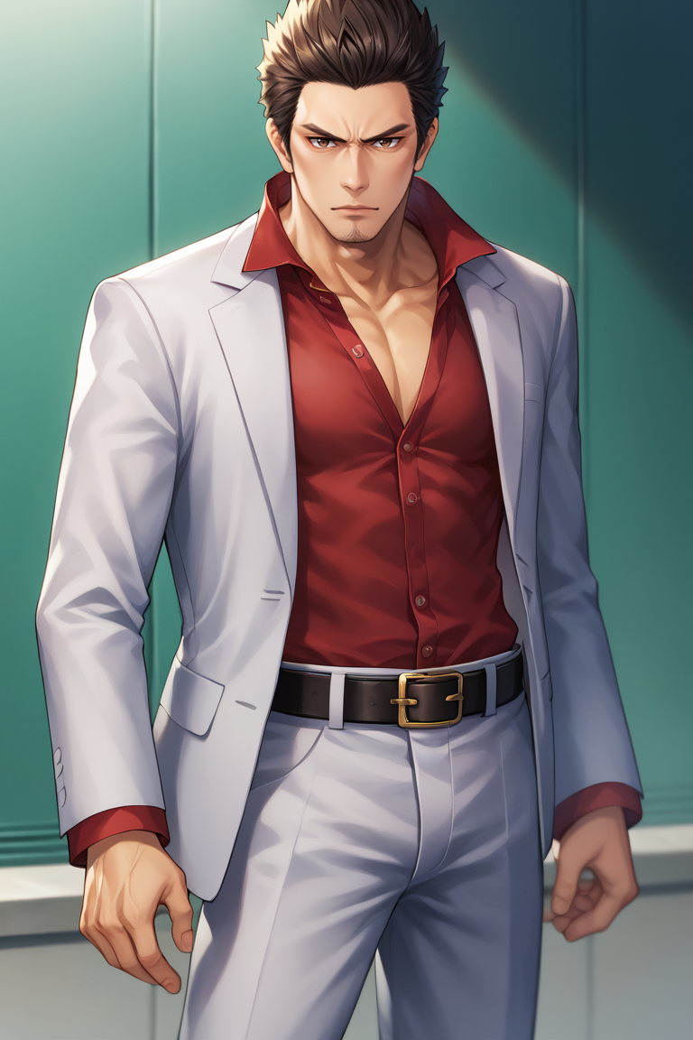 score_9, score_8_up, score_7_up, BREAK, <lora:kiryukazuma-guy-PONYv1:1>, 1boy, solo, kiryukazuma, red shirt, jacket, formal, suit, pants, belt, muscular, portrait, looking at viewer,