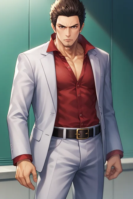 score_9, score_8_up, score_7_up, BREAK, <lora:kiryukazuma-guy-PONYv1:1>, 1boy, solo, kiryukazuma, red shirt, jacket, formal, suit, pants, belt, muscular, portrait, looking at viewer,