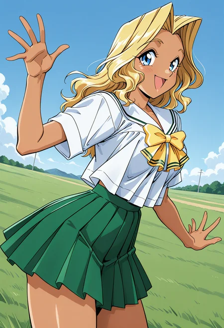 cindy_sakurai, blue eyes, blonde hair, long hair, dark skin, dark-skinned female, school uniform, serafuku, white sailor collar, yellow bowtie, white shirt, short sleeves, green skirt, pleated skirt, <lora:Graduation_cindy_sakurai_illustrious_ver1:0.8>
smile, open mouth,, masterpiece, best quality, very aesthetic, absurdres, general,, 1girl, solo, blue sky, (grasslands:1.2), looking at viewer,, (cowboy shot, dynamic pose:1.4),