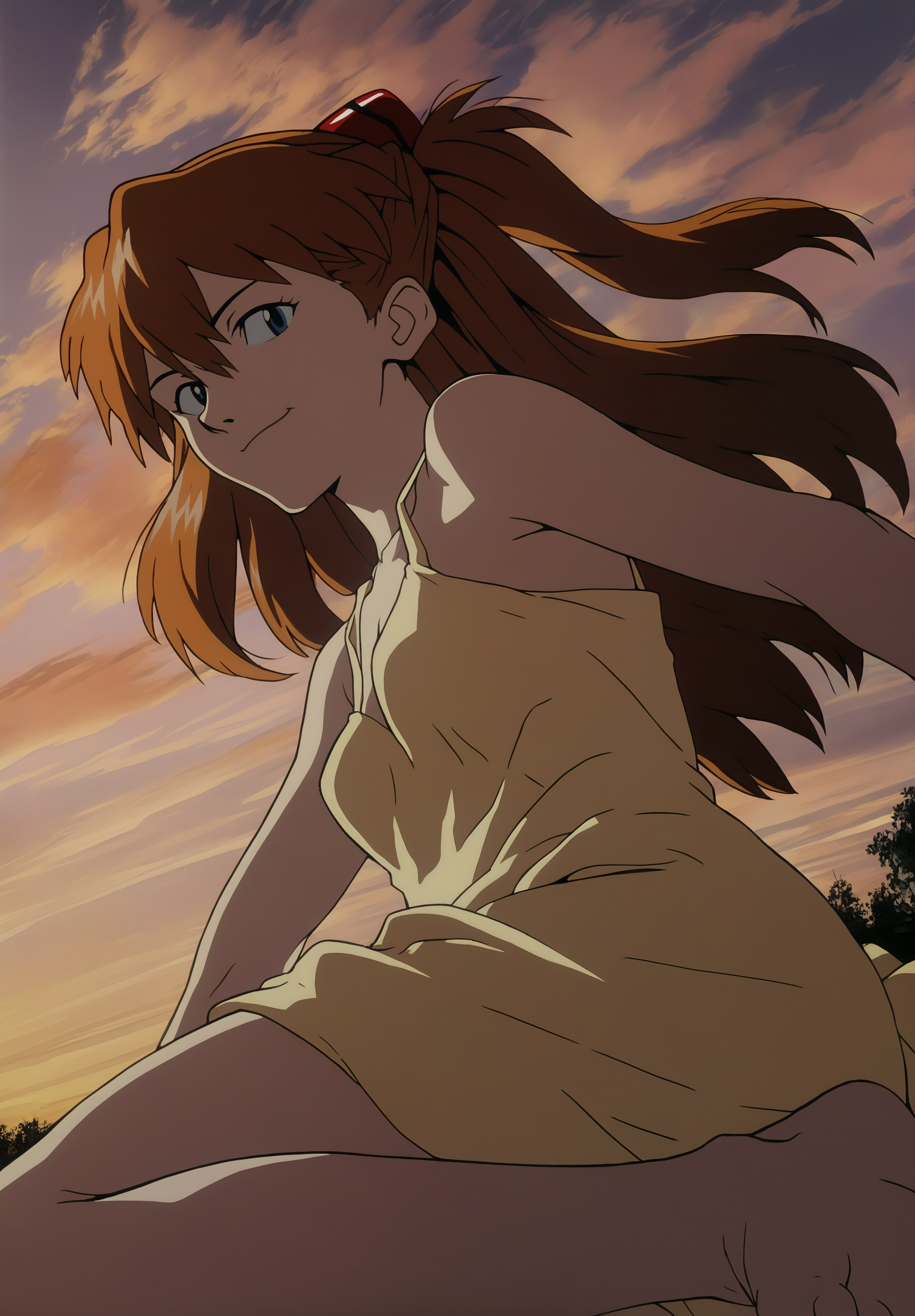masterpiece,absurdres,best quality,high quality,<lora:GITS1995_XL Vpred Noob:1>,souryuu asuka langley,from side,(close-up:1.5),dutch angle,yellow sundress,dynamic pose,seductive smile,outdoors,dawn,multicolored cloudy sky,from below,looking at viewer,running towards viewer,wind,bare arms,barefoot,
