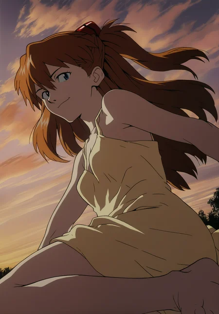 masterpiece,absurdres,best quality,high quality,<lora:GITS1995_XL Vpred Noob:1>,souryuu asuka langley,from side,(close-up:1.5),dutch angle,yellow sundress,dynamic pose,seductive smile,outdoors,dawn,multicolored cloudy sky,from below,looking at viewer,running towards viewer,wind,bare arms,barefoot,