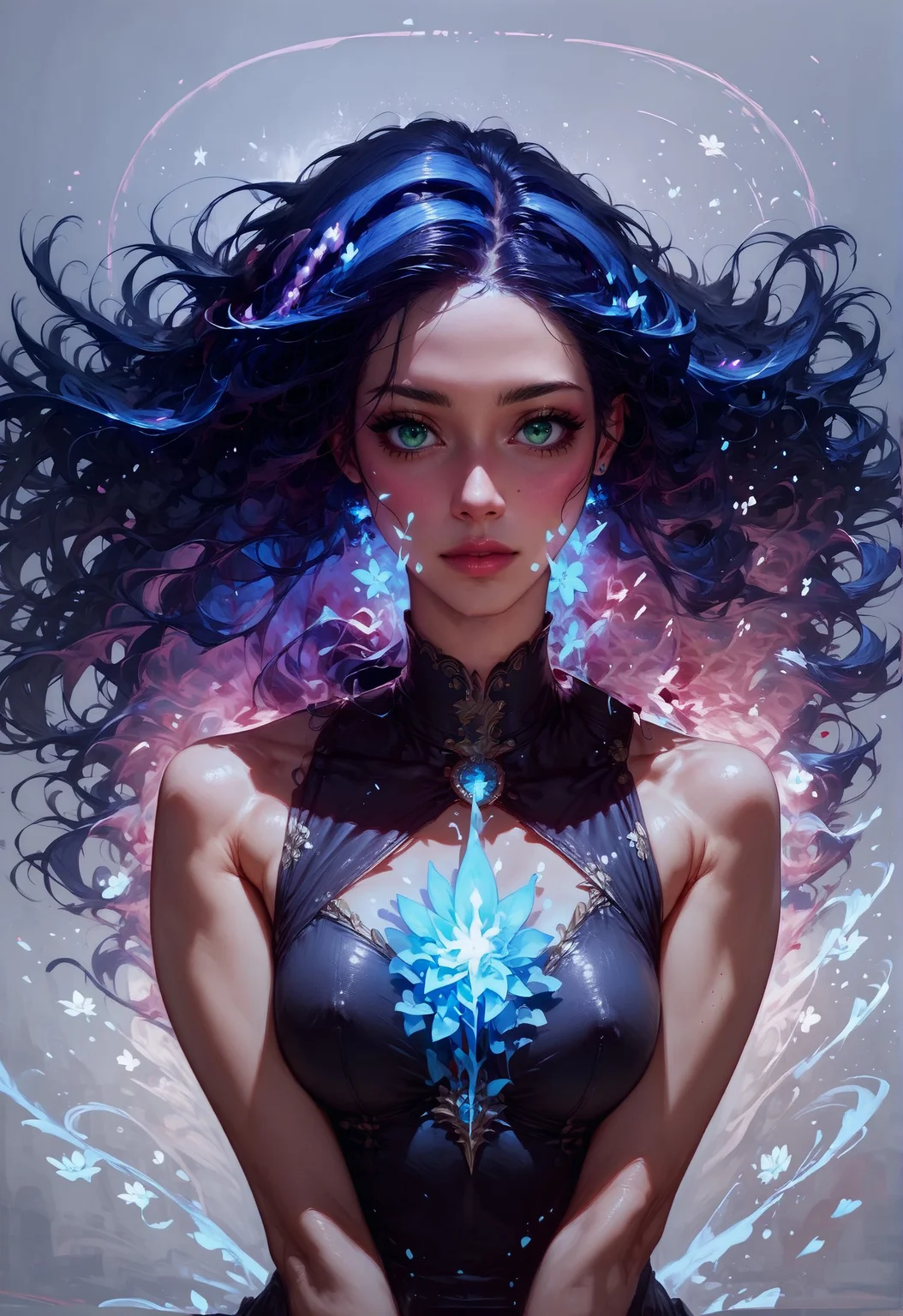 ASCIIscore_9, score_8_up, score_7_up, 1girl, realistic, long hair, wind, galaxy, solo, black dress, floral theme, from front, facing viewer, milky way, blue glow, purple hue <lora:sdxl\Concept Art Twilight Style SDXL_LoRA_Pony Diffusion V6 XL:0.8>, concept art, <lora:sdxl\Expressive_H-000001:0.8>, expressiveH <lora:sdxl\pony_vixon_galaxy:0.7>, g4l4xy <lora:sdxl\sinfully_stylish_SDXL>