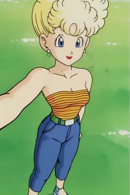 source_anime, score_9, score_8_up, score_7_up, anime screencap,
panchy, blonde hair, short hair, curly hair, blue eyes, 
shirt tucked in, tube top, striped shirt, cleavage, strapless, jeans, blue pants,striped, belt, pants, denim, sandals, blue footwear,
selfie, from above, grass, 
 <lora:panchy_pony_v1:0.8>