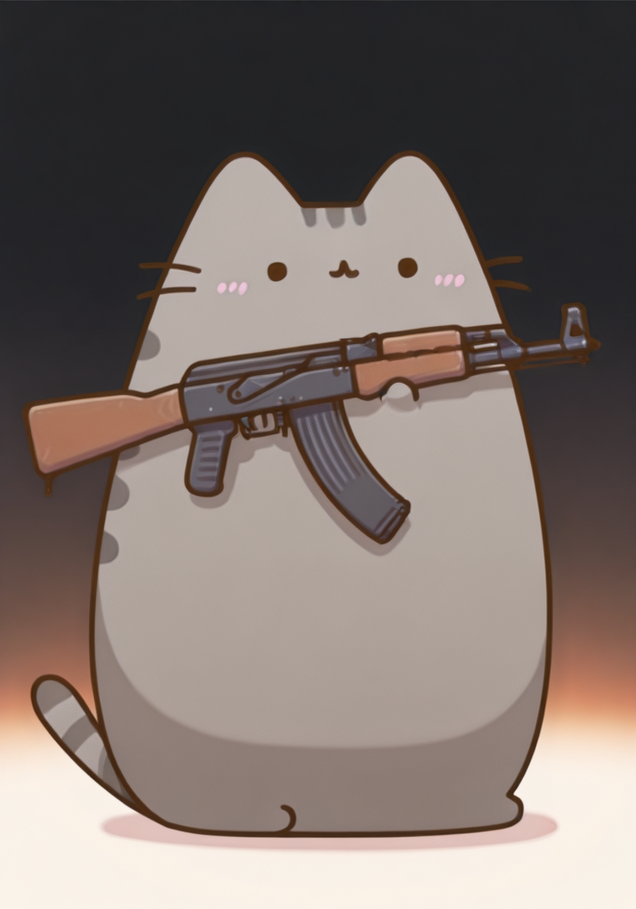 embedding:IllusP0s, pusheen, ak-47, assault rifle, holding, no humans, cute, full body<lora:ak-47.safetensors:1.0:1.0> <lora:PusheenIXL.safetensors:1:1>