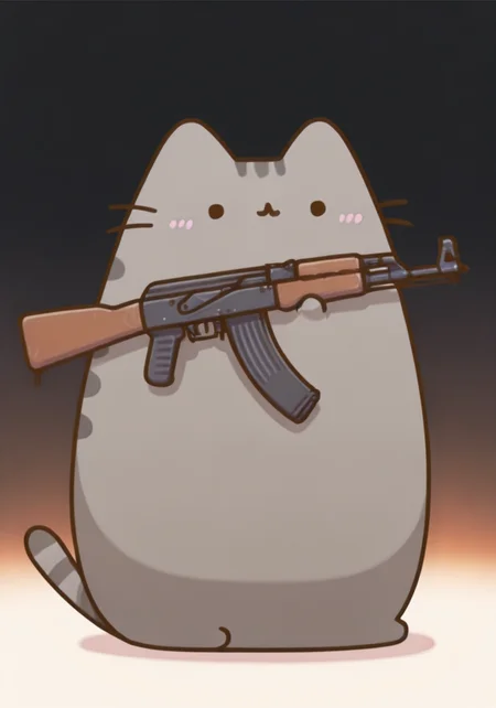 embedding:IllusP0s, pusheen, ak-47, assault rifle, holding, no humans, cute, full body<lora:ak-47.safetensors:1.0:1.0> <lora:PusheenIXL.safetensors:1:1>