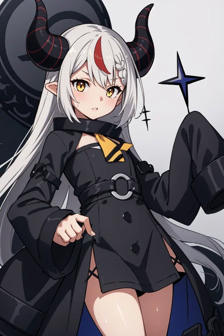 (masterpiece, best quality), intricate details, 8k, artstation, wallpaper, official art, splash art, sharp focus,
1girl, <lora:la+ darknesss:0.8> la+ darkness, black coat, black dress, white sleeves, sleeves past finger, sleeves past wrists, horns,