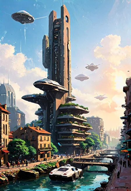 A new type of flying ship for sightseeing in the city of the future, 
Residents live in a sizable number of glass bubble capsules,
The alien colonial cities of the future look like towering ant nests built in Halfway underground in the Grand Canyon, glass dome, communications spire landmark, aircraft terminal, aerial mass transportation,
((The steel tower in the imperial capital of Star Wars, the Rubik's Cube and Golden Tower of the corporate headquarters in Blade Runner, The floating kingdom of Hayao Miyazaki's Castle in the Sky, the catacombs of Paris are full of skulls, Famous British architect Dream Detective)),
(futuristic:1.2), a huge military factory made of steel, glass, fog, sun, in the clouds, , futuristic military planes, moody tones, 
(real landscape:1.1), (blurred background:1.0), [buildings|vehicle|Crowd|buildings|trees|buildings|trees|vehicle|Crowd:0.7], (background, more_details:0.3) 
great lighting, stacked, vertical, futureskyline, Cyberpunk city, Office Buildingdark art impressionist painting