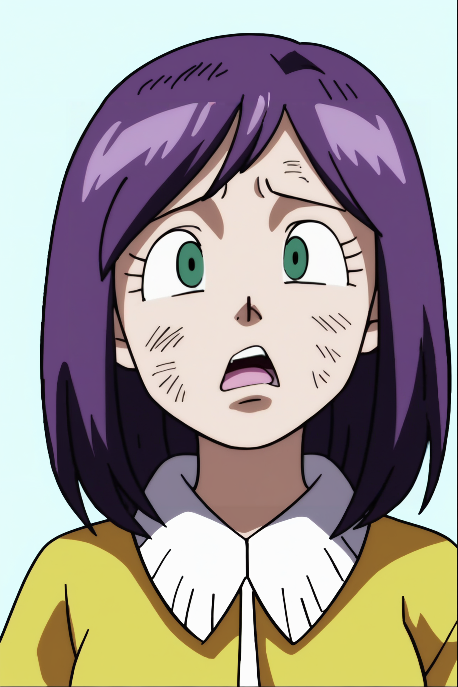 source_anime, score_9, score_8_up, score_7_up, anime screencap, absurd res, high quality,
su roas, meme, 1girl, solo, short hair, looking at viewer, open mouth, green eyes, upper body, arms by side, detailed, purple hair, upper teeth, tired, messy hair, dirty clothes, dirty face, eyelashes, fire background, white sweater, 
 <lora:Kamikaze_Fireballs_v1:0.8>