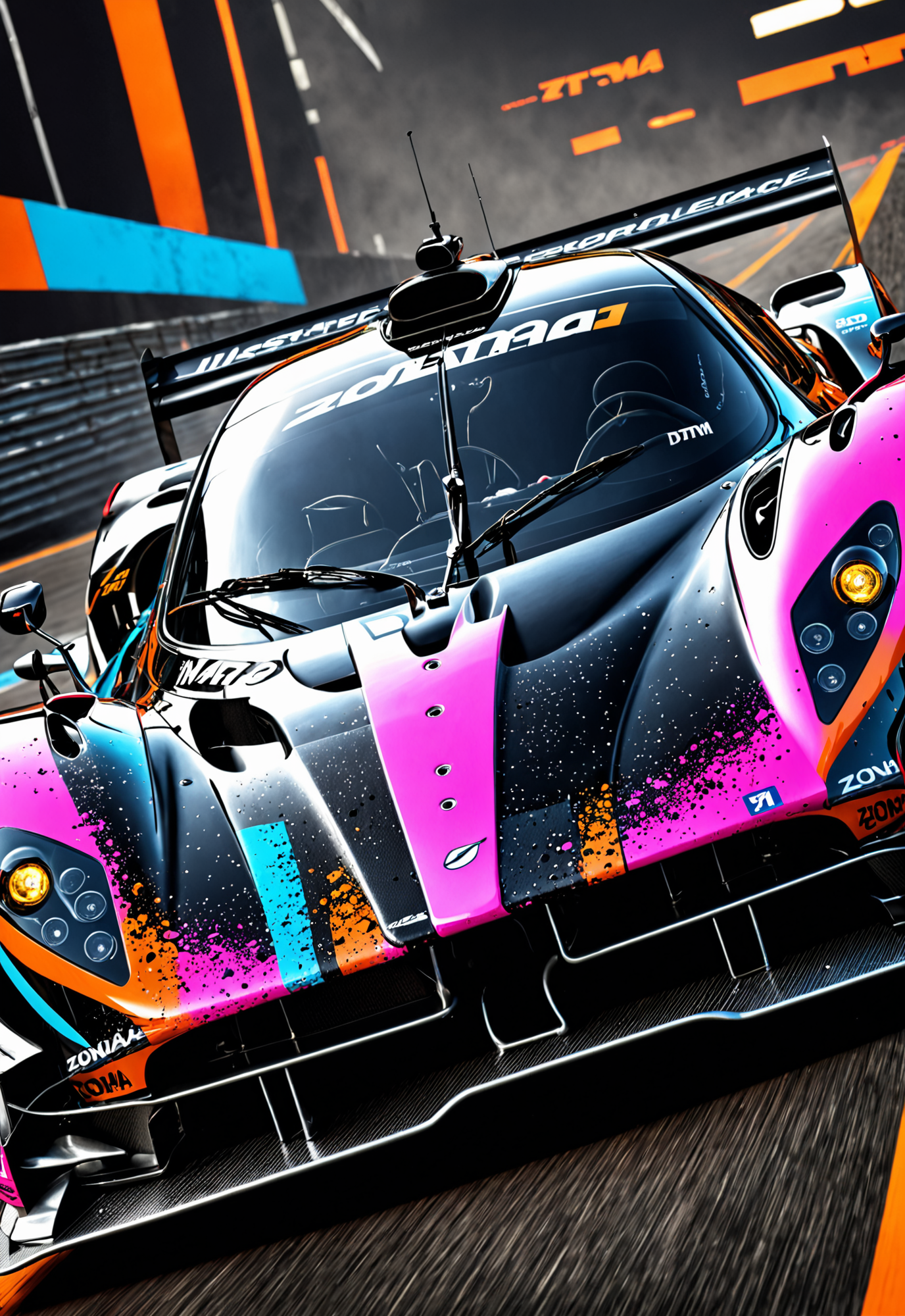 dynamic angle, masterpiece, award winning picture,  Zonda DTM car racing, futuristic background, hyper detailed, intricate, neon poster, epic, ultra detail, intricate details, UHD