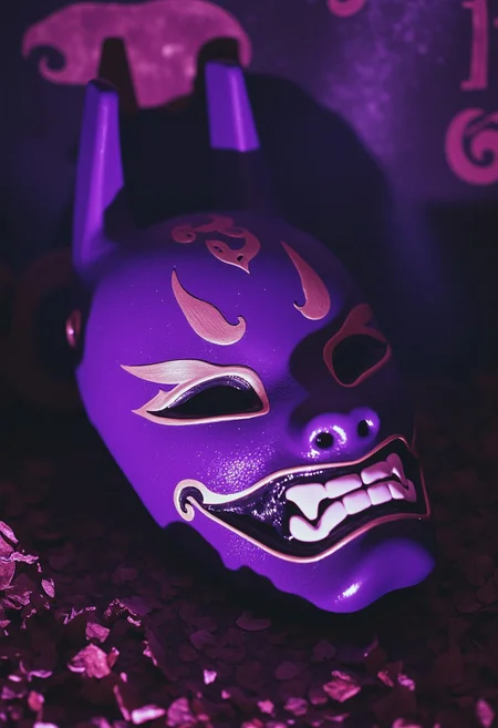 ArsMovieStill, movie still from a 1970s horror movie Studio cursed kitsune mask in a Japanese grave shrine purple cyan miasma