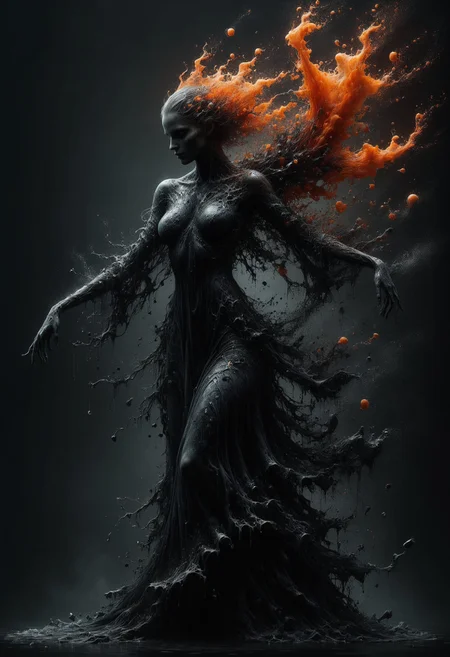 photorealistic masterpiece by Aaron Horkey and Jeremy Mann, Mysterious, totally black screen, totaly black BG, absolutely nothing, pure darkest orange, detailed, but the dancing grim female silhouette, Luminescence uniform, (transparent dress strand spiral flows down:0.6), slow motion, (Futuristic climbing vine with flowers all around:0.4), <lora:ral-dissolve:0.65> <lora:acidzlime:0.4> <lora:xl_water_dress-1.0:0.5> <lora:Into_Darkness:0.2>