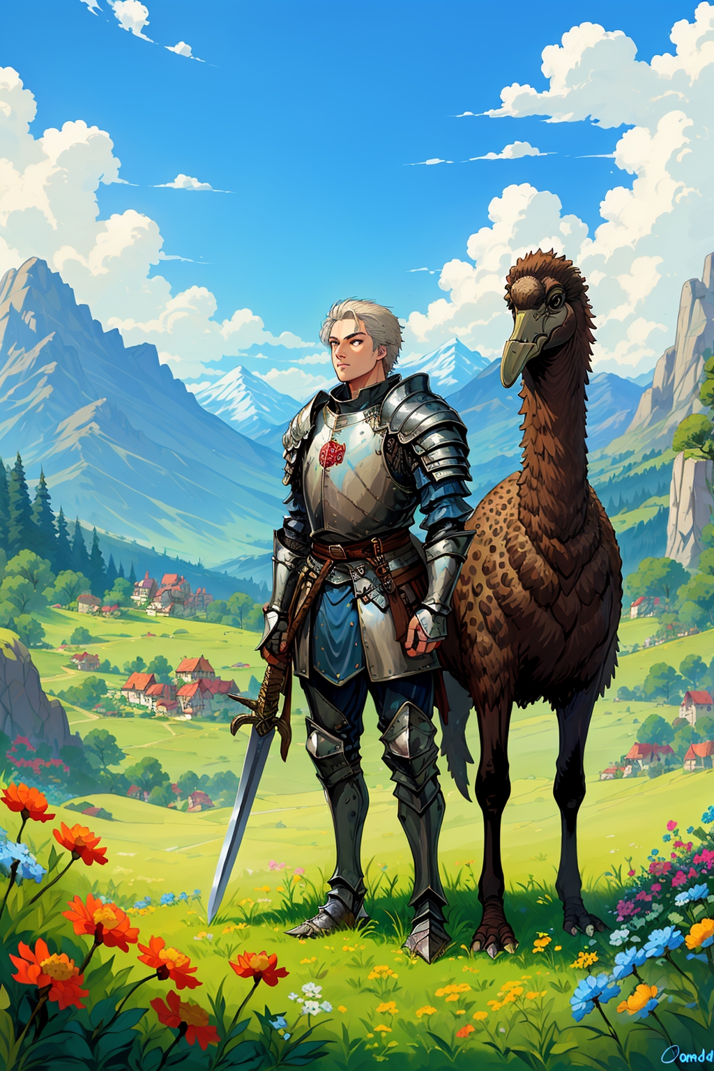 Boy, cute, big eyes, armor, ostrich, blue sky, white hair, clouds, daisies, dandelions, leaves, mountains, nature, rocks, scenery, sky, standing, weapons, contracting, HD, highest quality, masterpieces,<lora:BlueRPGn8bu;:0.7>,