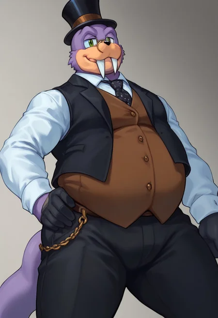score_9, score_8_up, score_7_up, furry male, Rotor the walrus, green eyes, fangs, furry, furry anthro, 1930's hotel lobby, dutch angle, posing, 1930's fancy clothes, refined looking, (((dutch angle, posing, from below))), walrus, fat, overweight, walrus tusks, squinting eyes, large white handlebar mustache, smile, solo, 1boy, male focus, <lora:pony_monocles-step00000800:1>,(monocle),round eyewear, top hat,, suit, gloves, furry male, mustache, necktie, a robber-baron wearing a monocle on a chain on his left eye, top hat, white shirt, black vest from 1900 holding a pocketwatch, standing
BREAK
ambient light, (masterpiece:1.2), (highly detailed:1.2), (intricate:1.2), (best quality:1.2),(8k:1.2), (sharp:1.2), (majestic:1.2), natural lighting, detail++