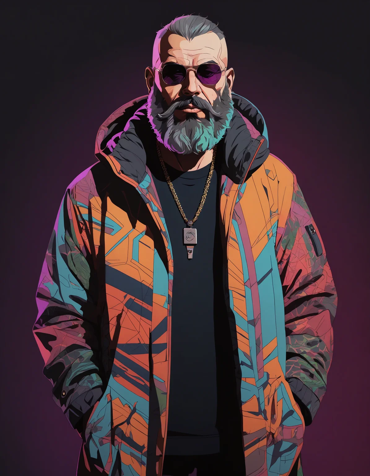 (line art art), 2D, a old hitman, beard, cyberpunk, cyberpunk outfit, man, colorful, undefined