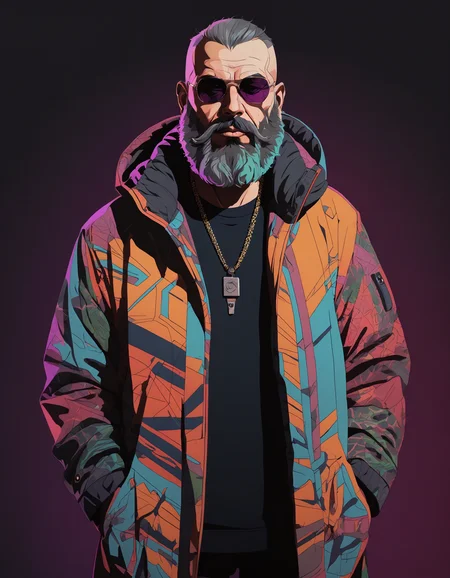 (line art art), 2D, a old hitman, beard, cyberpunk, cyberpunk outfit, man, colorful, undefined