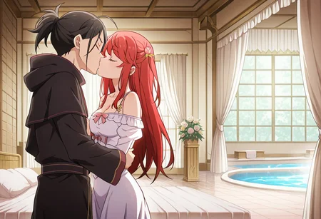 masterpiece, best quality, newest, absurdres, highres, detailed eyes, beautiful, detailed background, perfect eyes, anime coloring, anime screencap,
1girl, 1boy, hetero, facing another, kiss,standing, closed eyes, 
indoors, 
<lora:Theresia_van_Astrea_r1:1>Theresia_van_Astrea,
hair ornament,
long hair,white dress,
red hair,dress,flower,
hair flower,two side up,
t_theresia,red hair, 
white dress,
black hair, 
short ponytail, 
serious male, black dress,
black hood down, palace indoors, large room, bedroom, bathhouse, bed with curtains, large pool, hot water, steam, bed curtains, taking off clothes, tile floor, bath mats, towels, inflatable massage sheet, canopy bed, pillows, blanket, water, pool in center, stripping down, medium breasts, cleavage