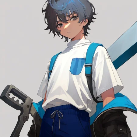 teenager, male, (grey working-clothes), brightness, clear-background, ((1 boy)), {{M-bangs}}, short-hair, dark-blue-hair, messy-hair, (brown-eyes), (90's-anime), flat-shading, smooth-body, looking-far, wince, glove, standing, (masterpiece), (((tareme))), closed-mouth, upper-body, best quality, holding a wrench in right hand